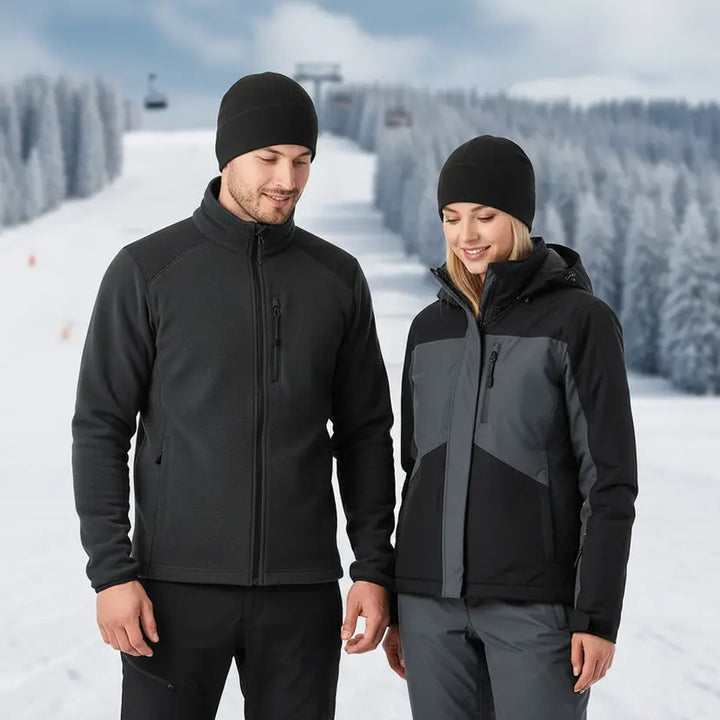 Man and woman wearing black windproof winter beanies outdoors in a snowy mountain setting
