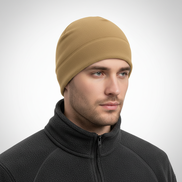 Winter beanie laid flat to display its classic shape and thick insulation