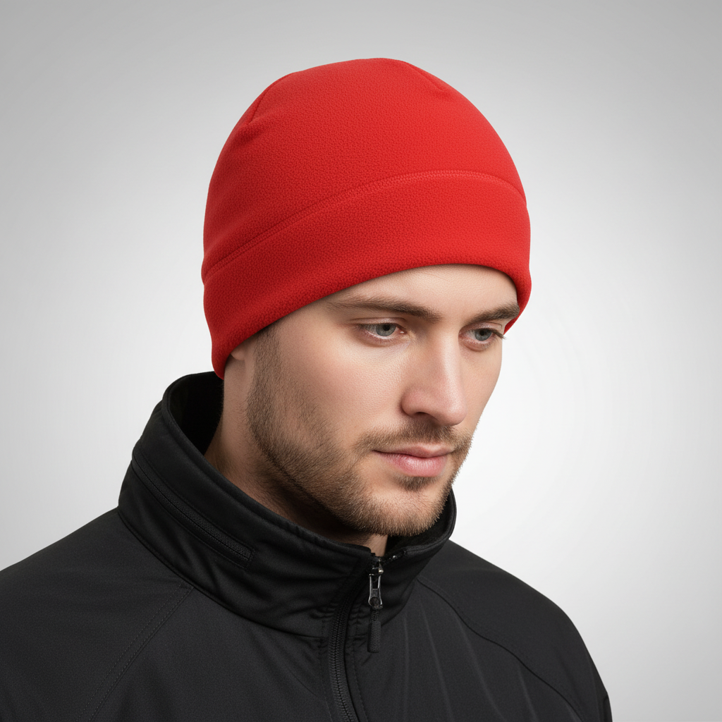Side angle of the unisex winter beanie showcasing its flexible slouch style