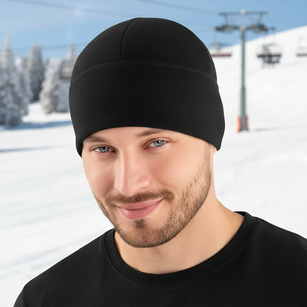 Close-up portrait of a man wearing a black thermal winter beanie hat