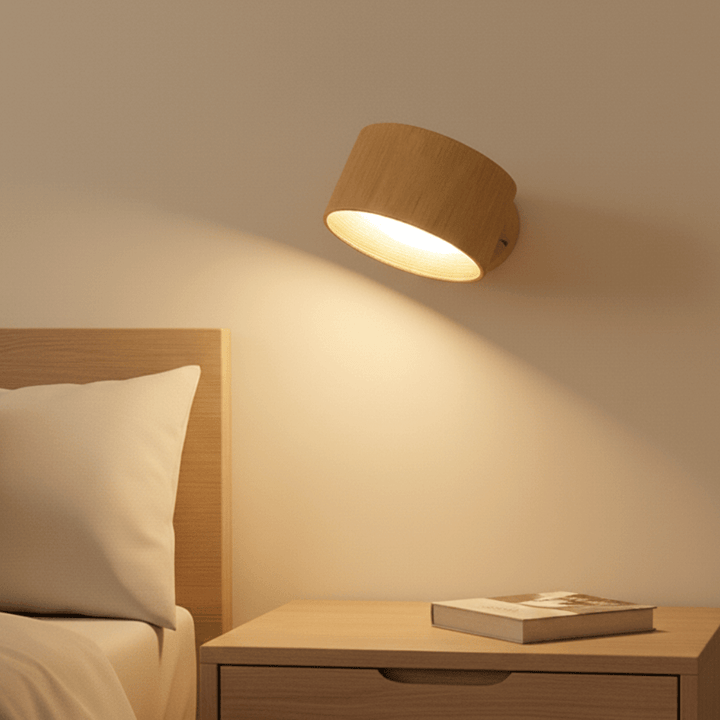Modern wooden wireless LED wall sconce mounted above a bedside table