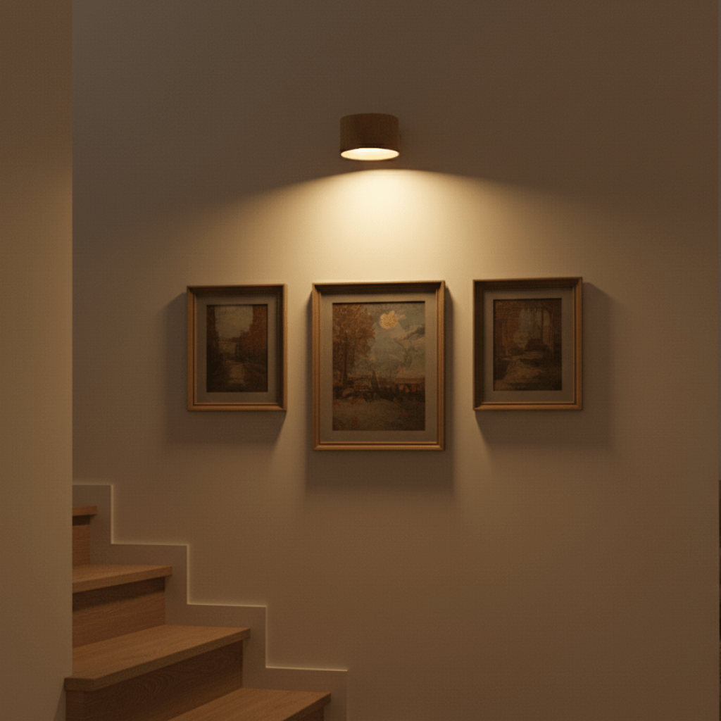 Minimalist round wall light illuminating framed pictures in a hallway