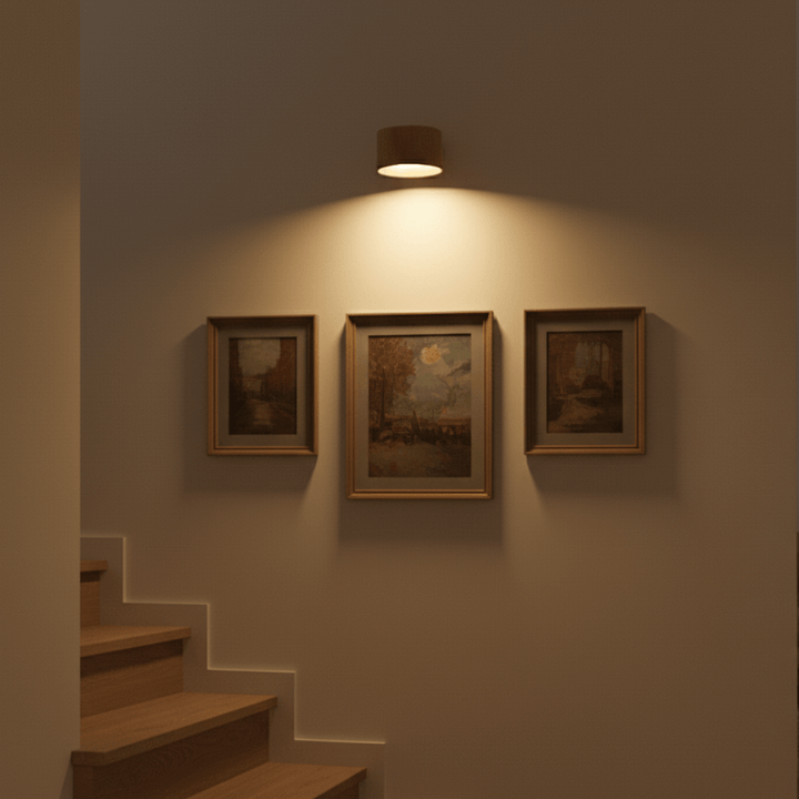 Minimalist round wall light illuminating framed pictures in a hallway