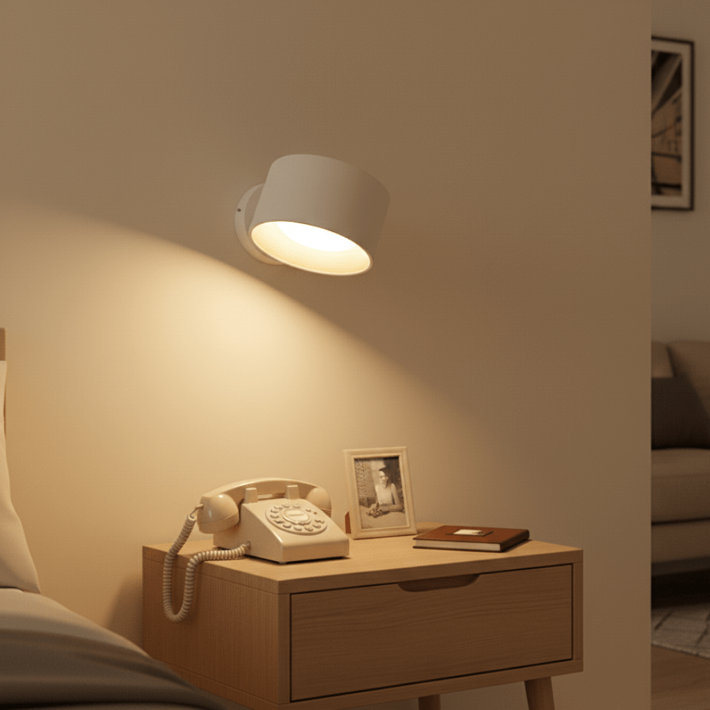 White wireless LED wall light installed over a retro phone and nightstand