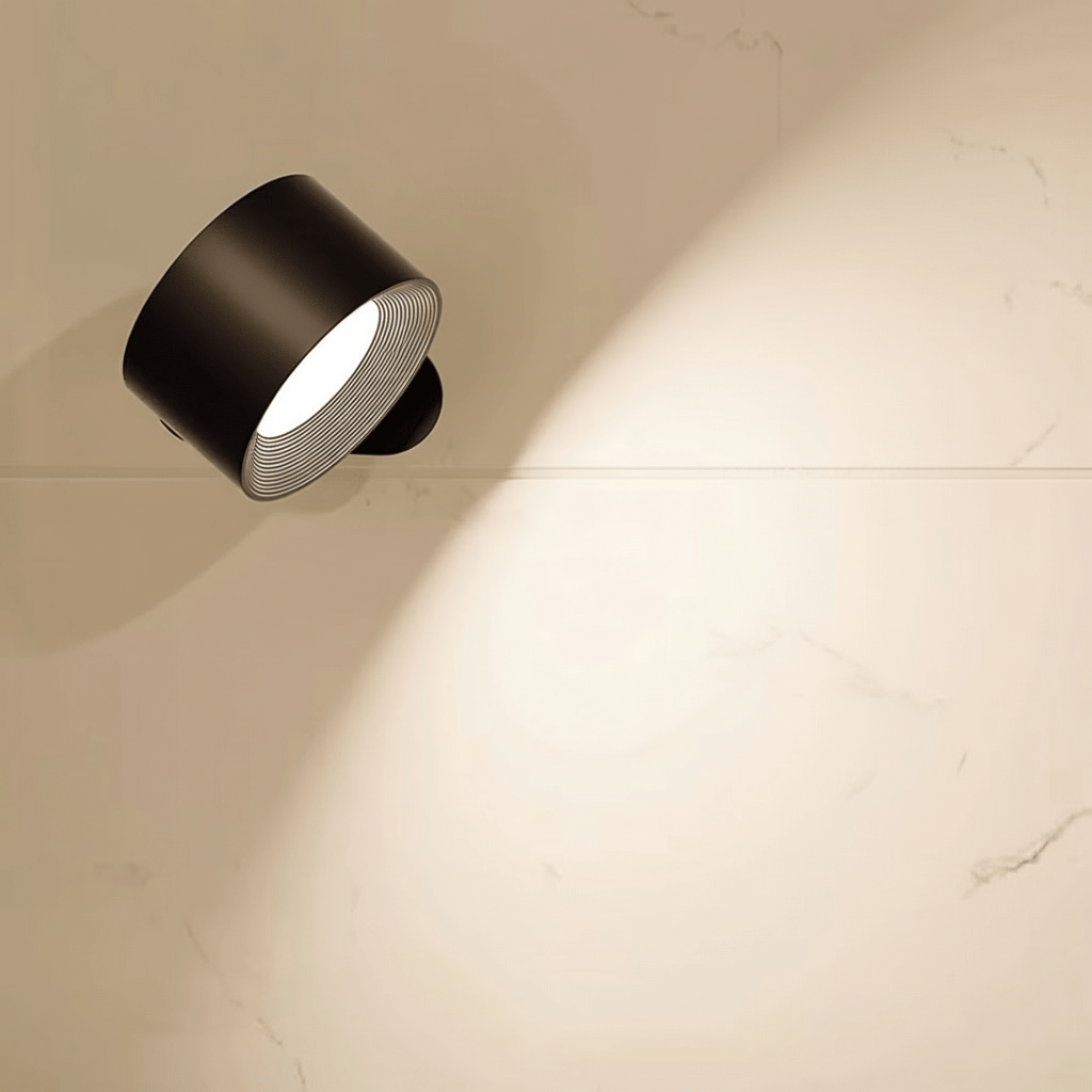Modern wireless wall sconce with remote control resting on a wooden surface