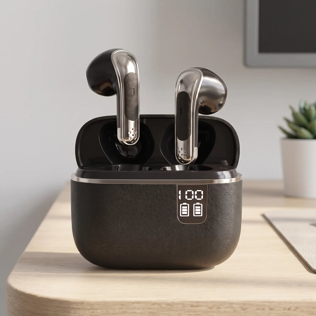 Wireless sound cancelling earbuds in black charging case with LED battery percentage display