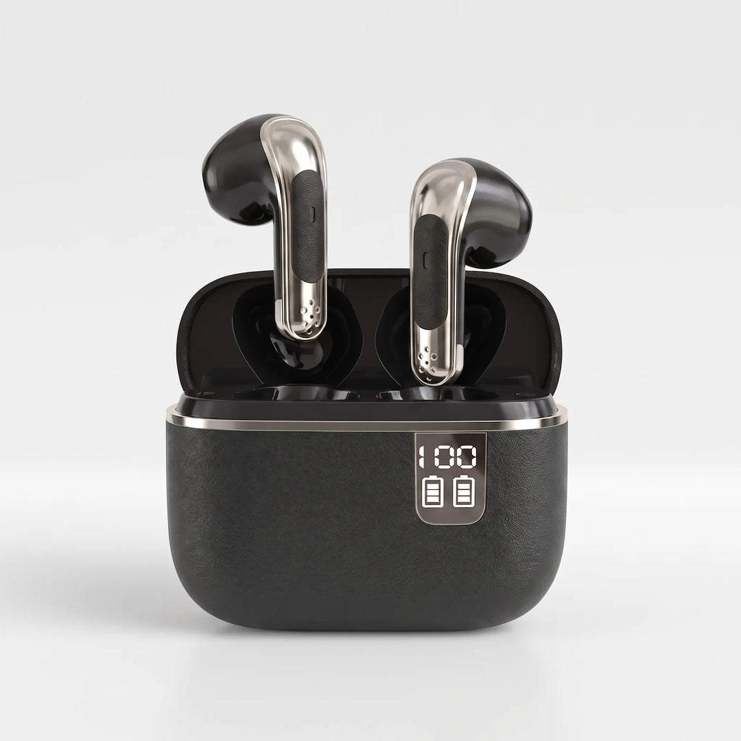 Front view of black wireless earbuds inside open charging case on white background