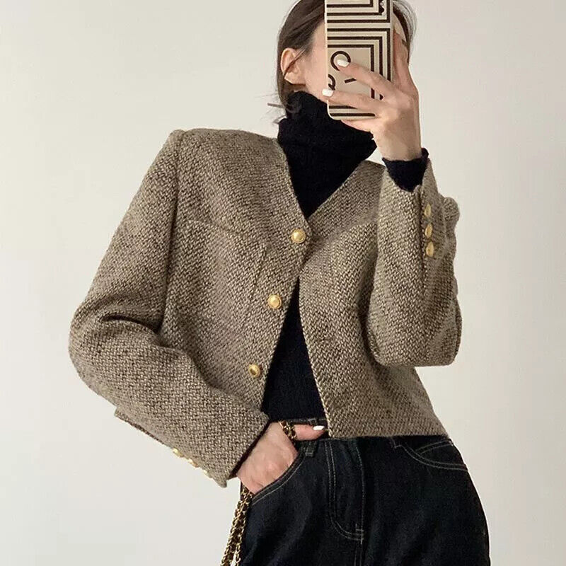 Theadora | Women’s Cropped Tweed Gold Button Blazer