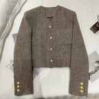 Theadora | Women’s Cropped Tweed Gold Button Blazer