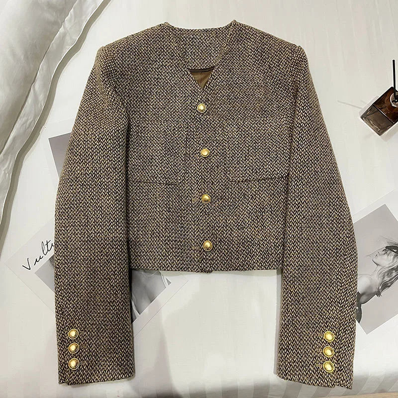 Theadora | Women’s Cropped Tweed Gold Button Blazer