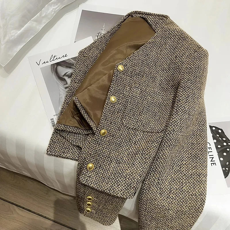 Theadora | Women’s Cropped Tweed Gold Button Blazer