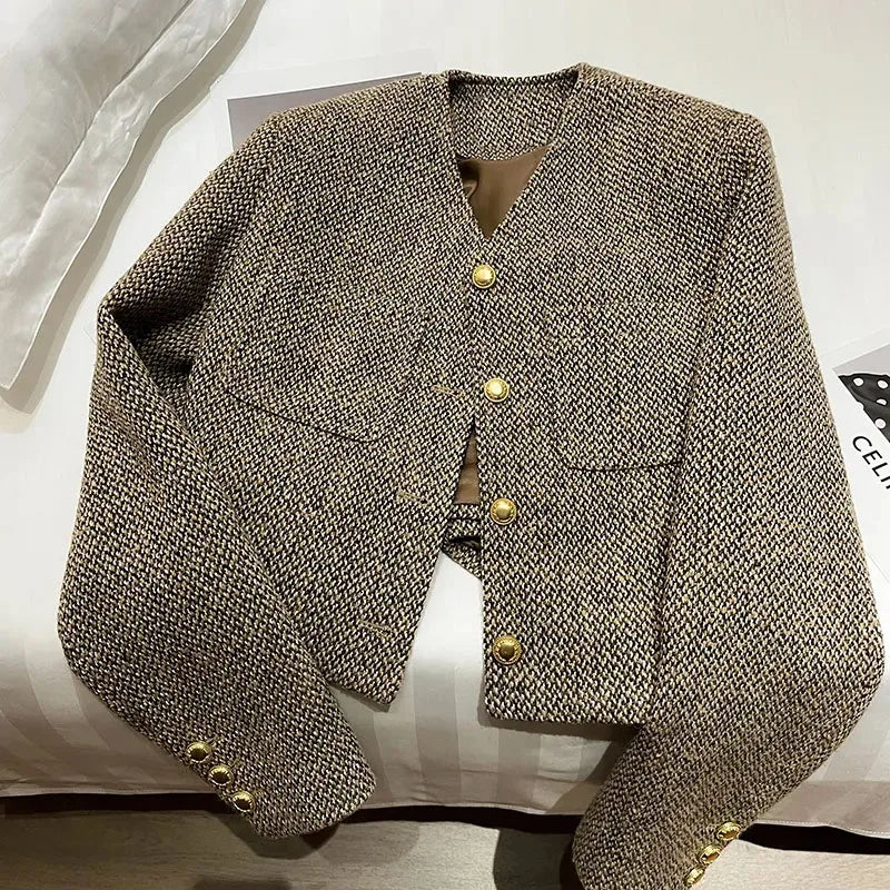 Theadora | Women’s Cropped Tweed Gold Button Blazer