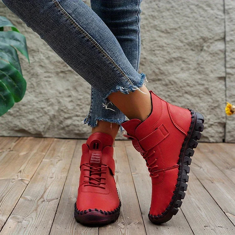 Side view of women's comfort fleece lined walking boots showing non-slip sole