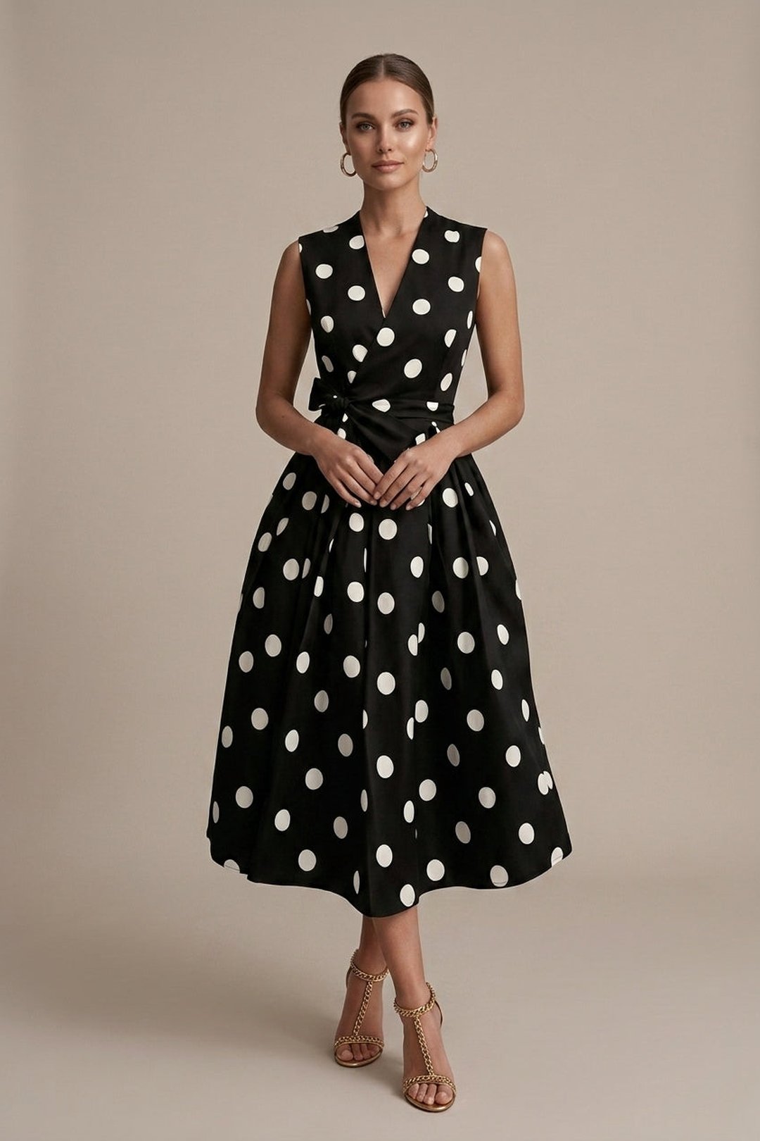 Close-up of the stylish polka dot pattern on the elegant midi dress