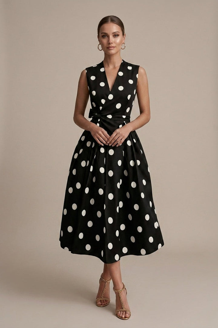 Close-up of the stylish polka dot pattern on the elegant midi dress