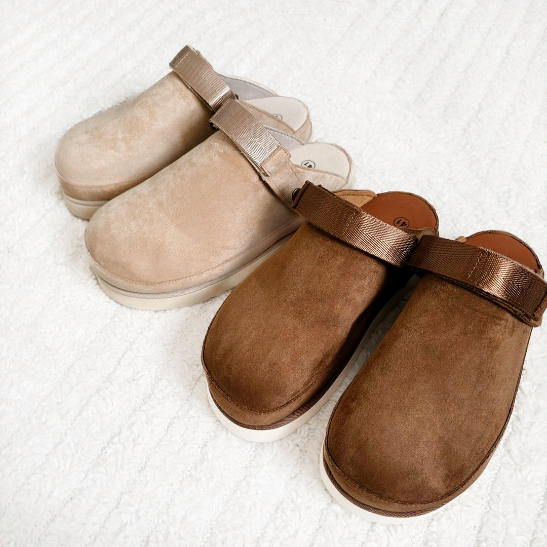 Side-by-side view of brown and light brown platform clogs
