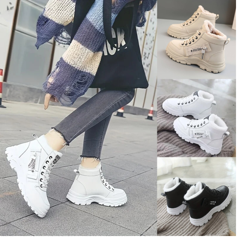 Collage showing women's winter snow boots in khaki, white, and black colorways