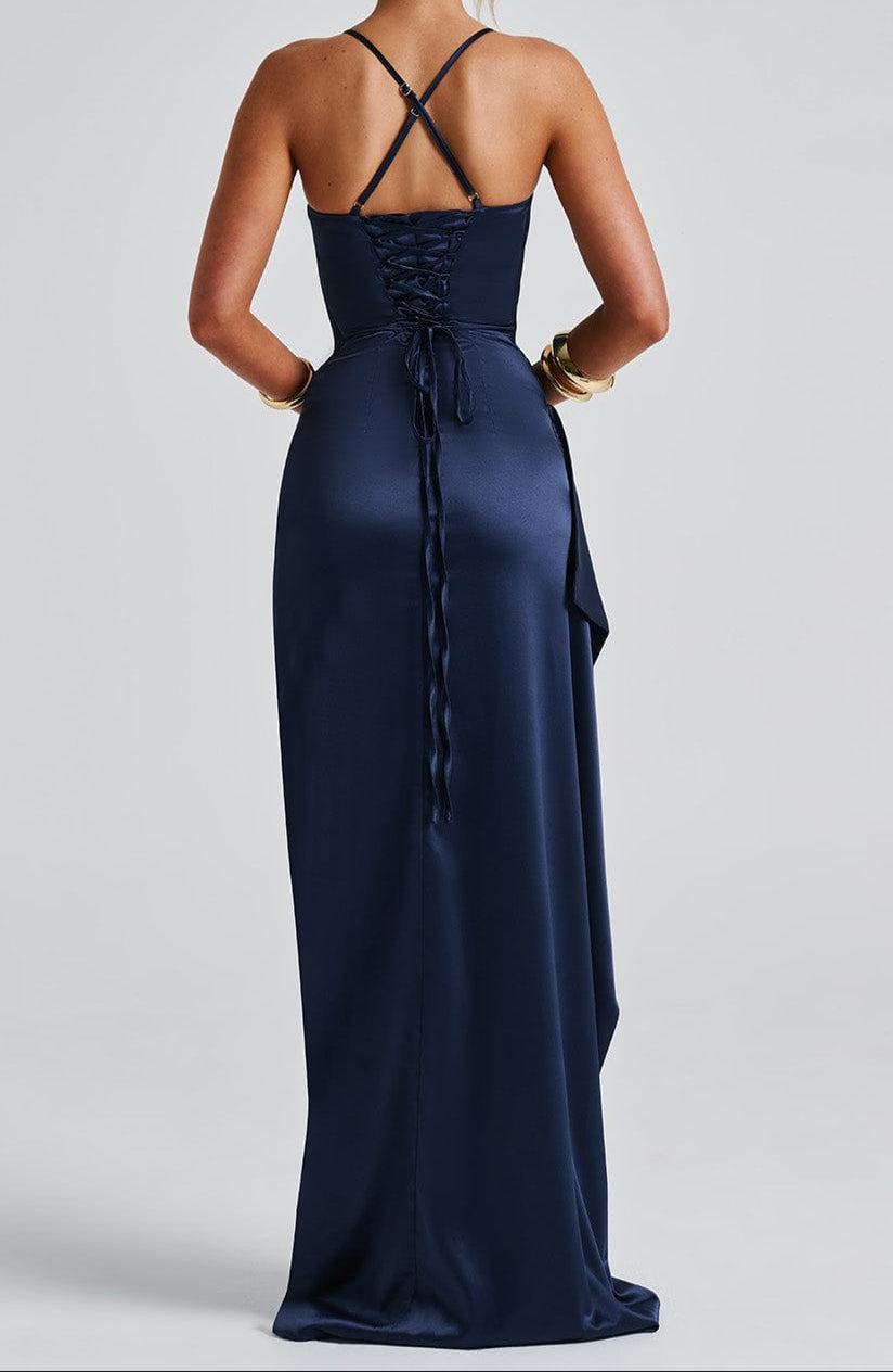 Navy blue sleeveless maxi dress with a dramatic high slit for formal events