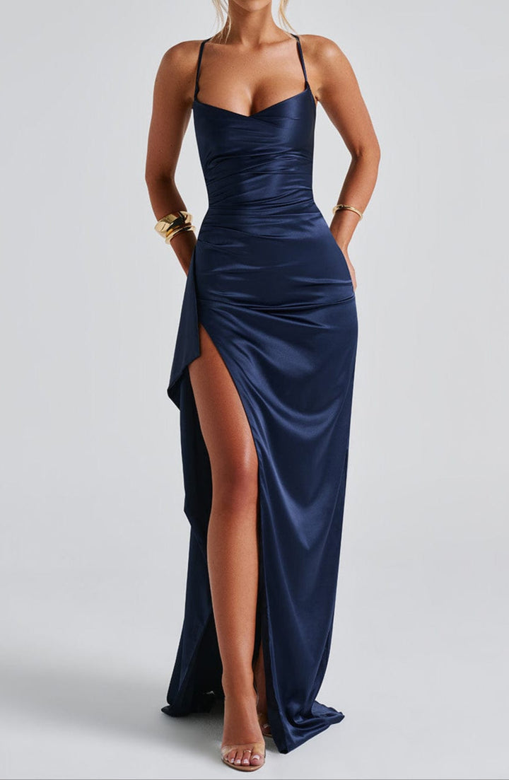 Elegant evening party dress in navy with strappy design and high leg slit