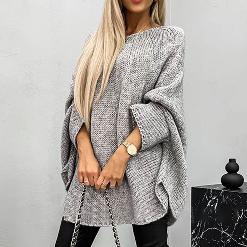 Oversized batwing sleeve knit sweater in neutral color for casual winter wear