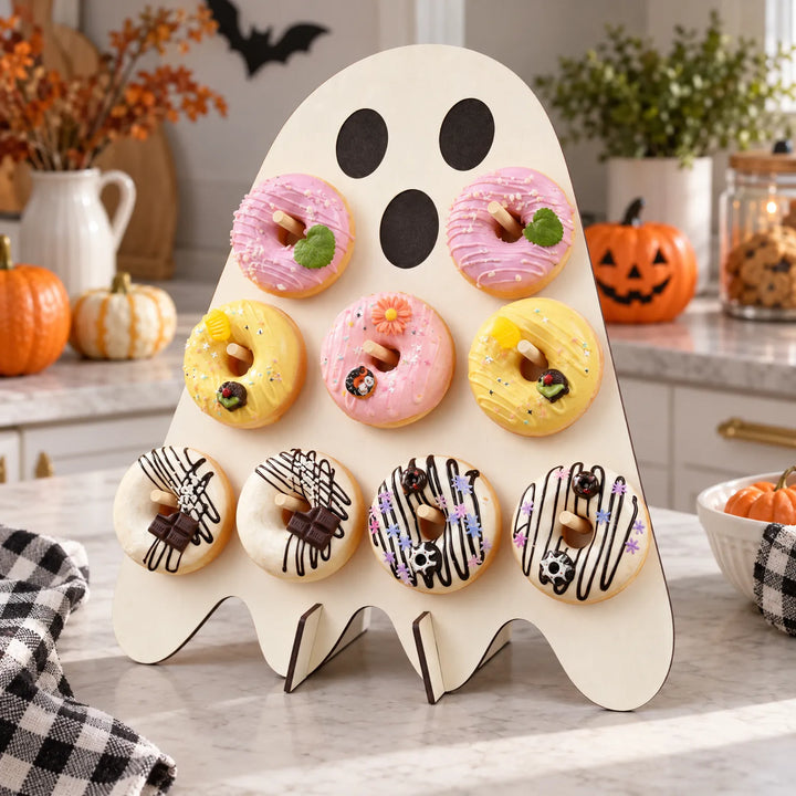 Ghost-shaped wooden doughnut stand holding nine decorated doughnuts on a kitchen counter.
