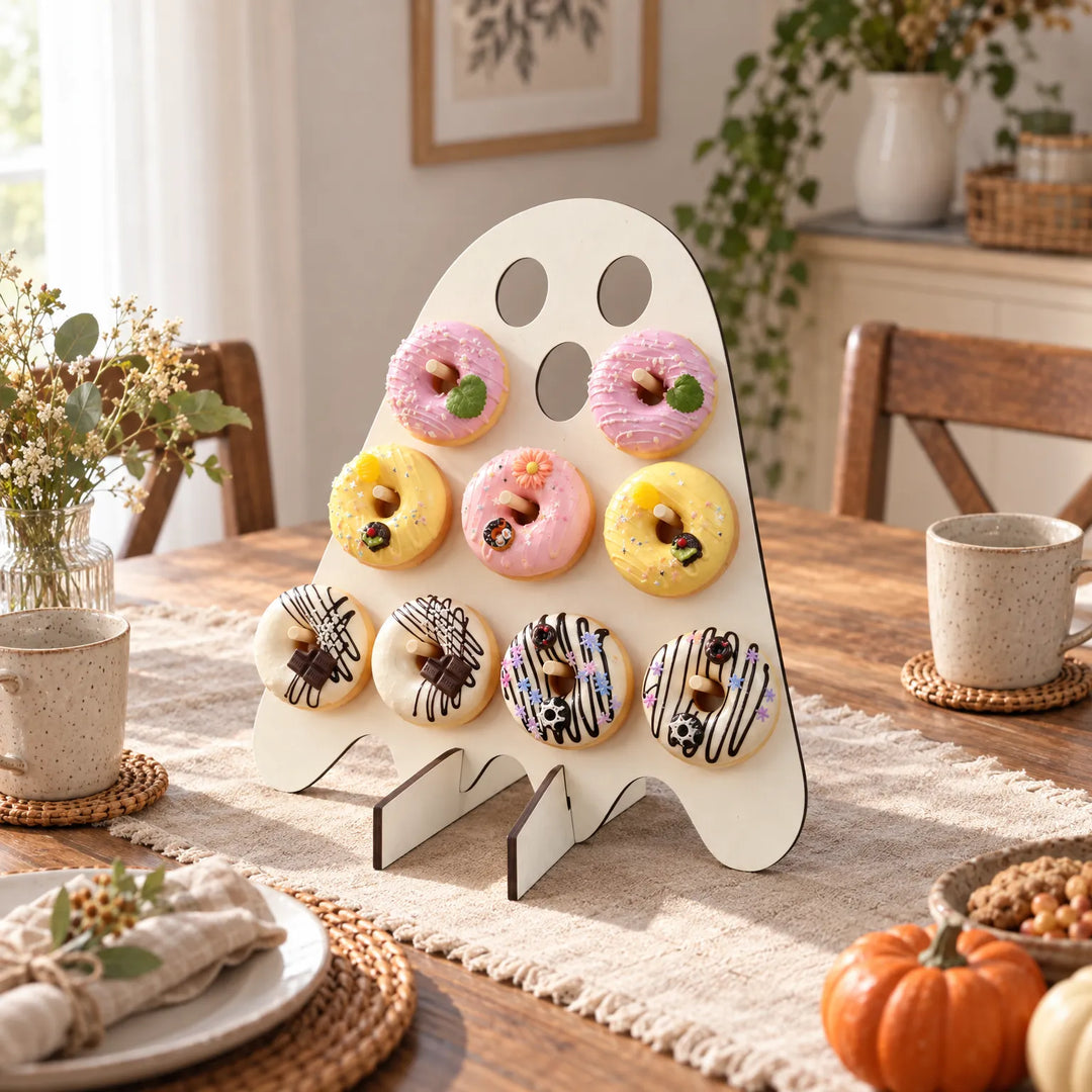Ghost doughnut stand set up on a dining table surrounded by autumn decorations.