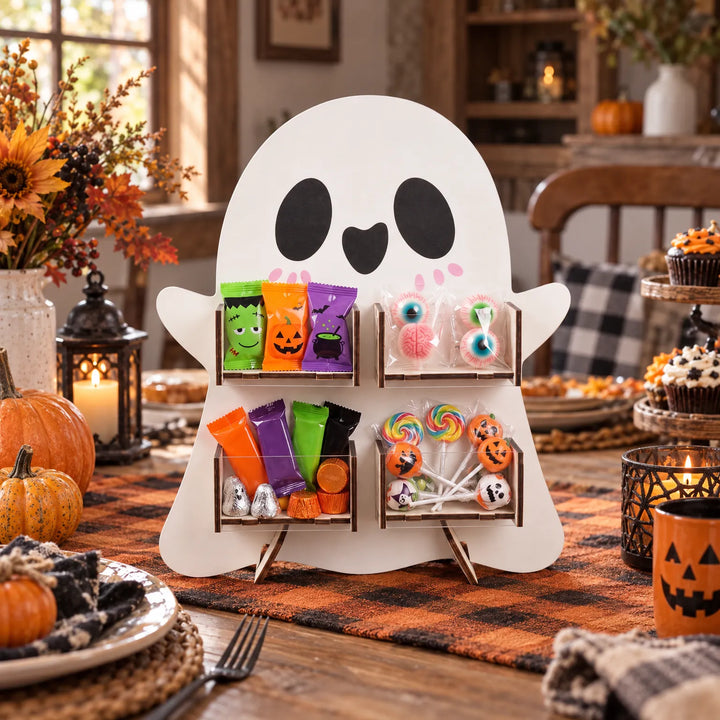 White wooden ghost Halloween treat stand holding candies on a festive table