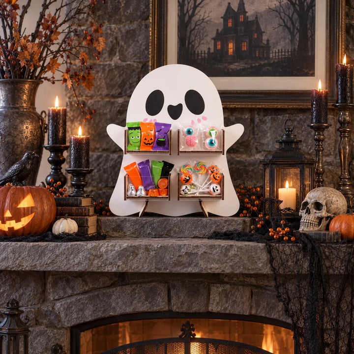 White ghost Halloween treat display rack on a mantelpiece surrounded by autumn decor