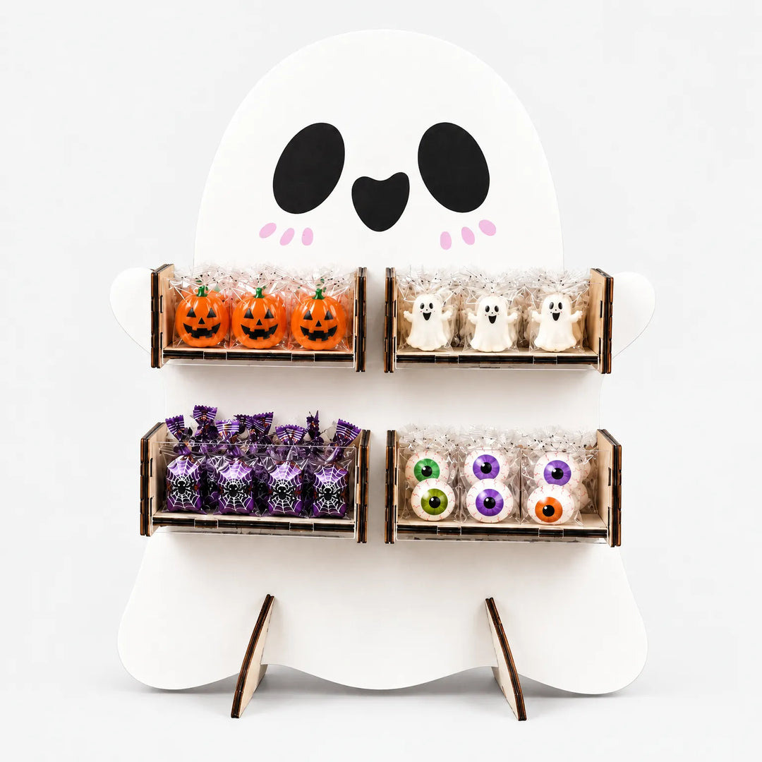 Rustic wooden party display rack for Halloween treats and candy setup