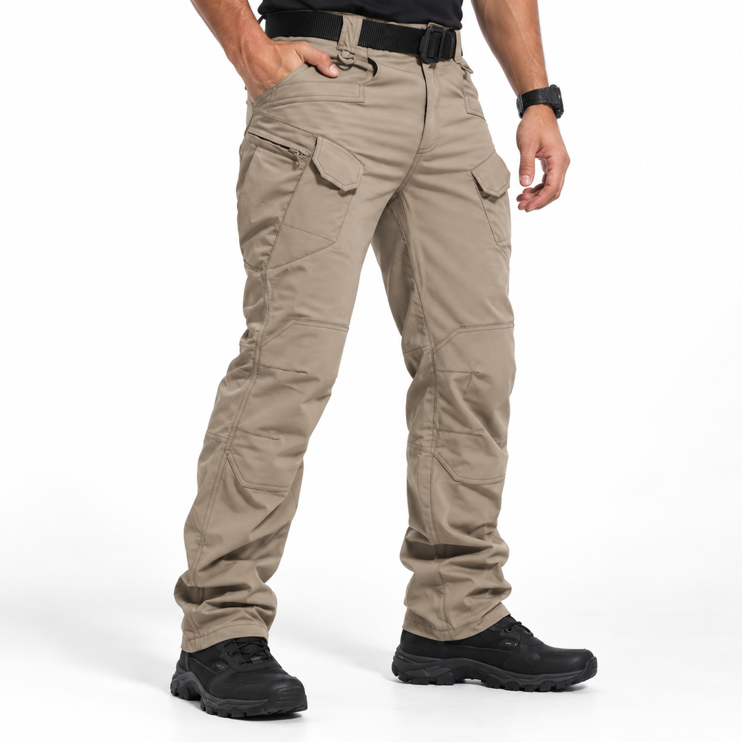 Back view of men's outdoor utility pants with secure button flap pockets