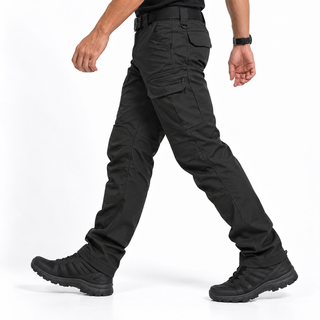 Detailed shot of tactical trousers knee articulation for flexible movement