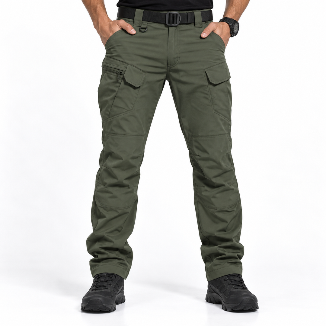 Men's tactical outdoor cargo trousers in khaki showing multiple utility pockets