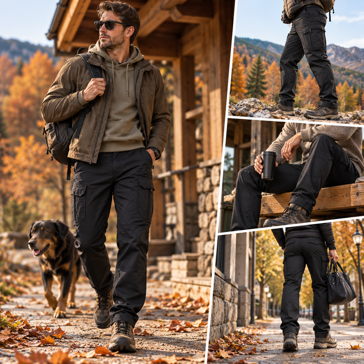 Flat lay of mens cargo trousers showcasing multi-pocket design and durability