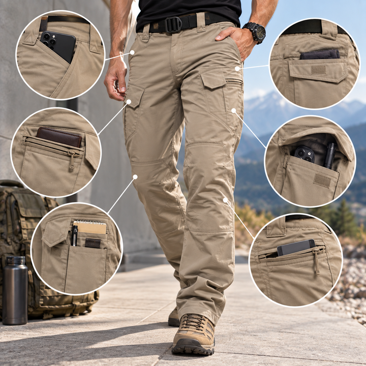 Close-up of beige tactical cargo trousers highlighting multi-pocket design and features