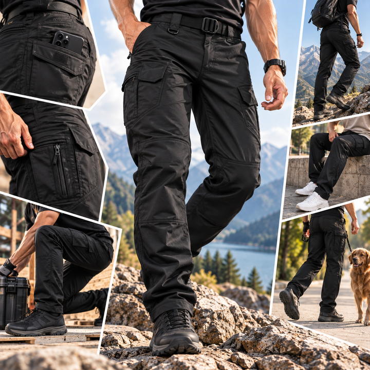 Close-up of utility workwear trousers highlighting stretch fabric and stitching