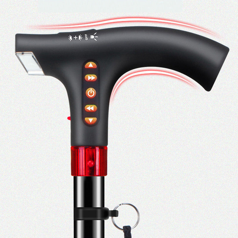 Close-up of the smart walking stick handle with control buttons and LED light