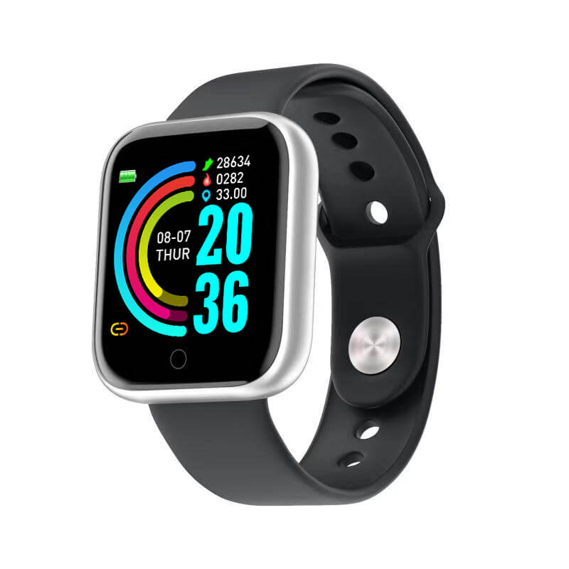 Black smartwatch featuring sleek digital display and modern strap