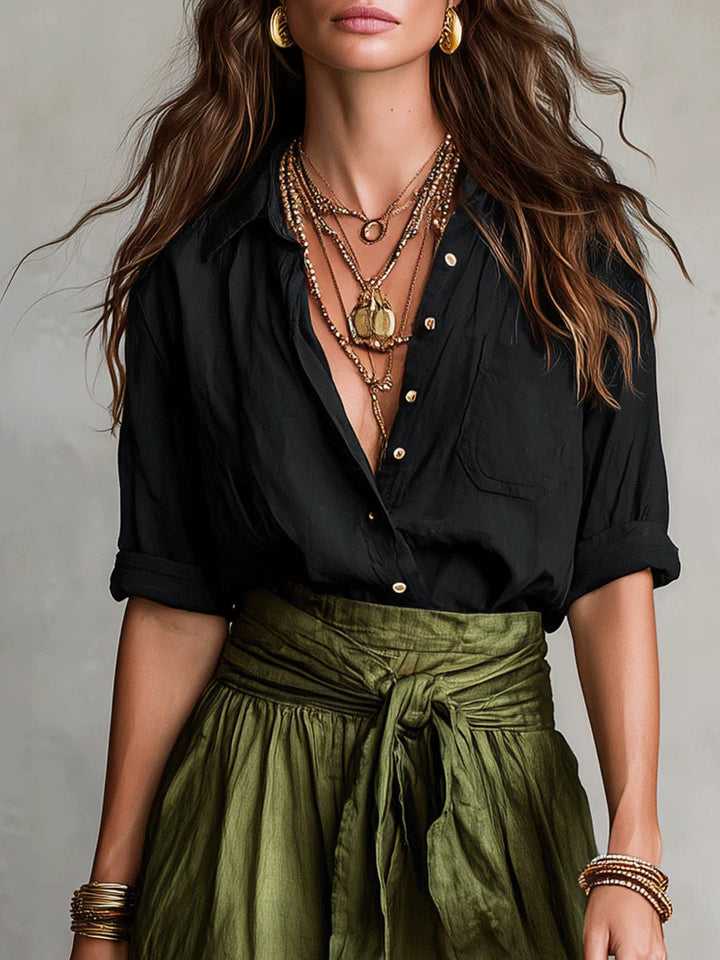 Detailed shot of the tie waist detail on the women's casual midi skirt outfit