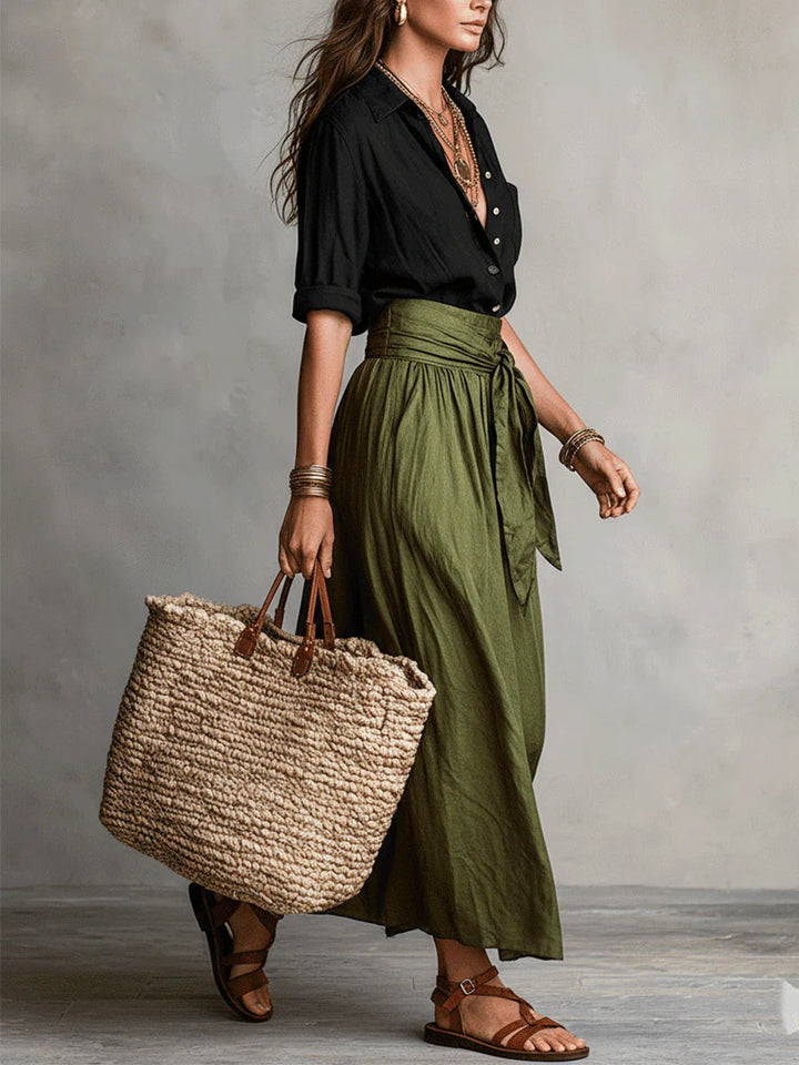 Chic women's fashion two-piece outfit showcasing a comfortable midi skirt