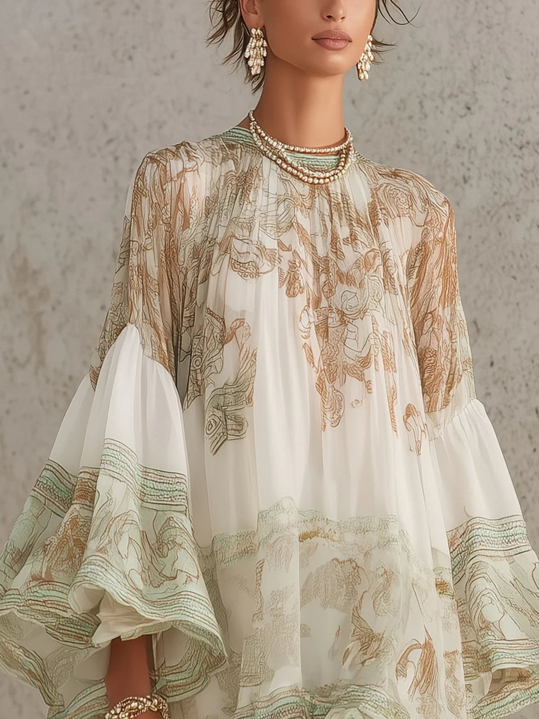 Stylish party dress featuring a layered ruffle hem and pattern detail