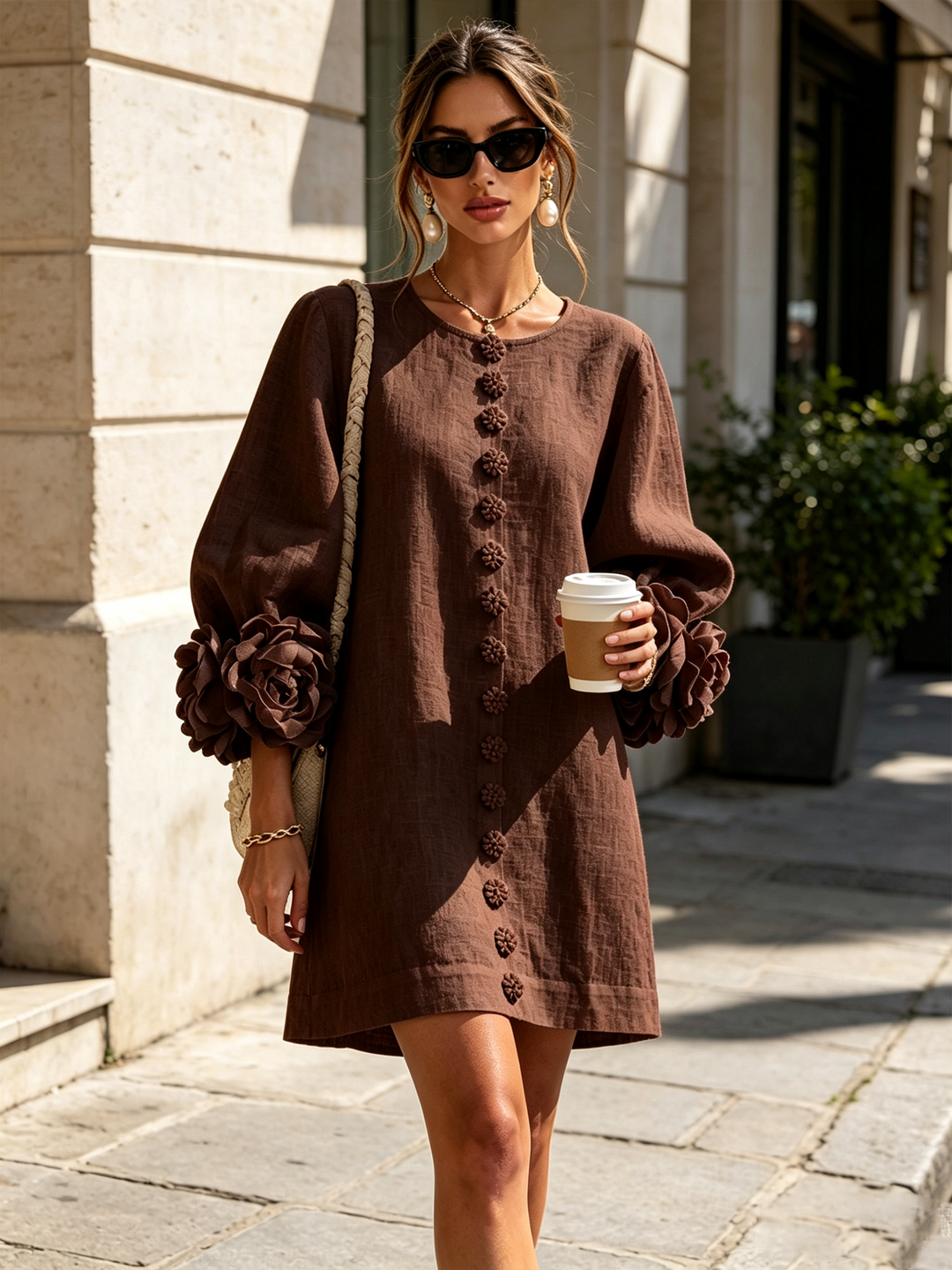Final view of women's puff-sleeve mini shift dress