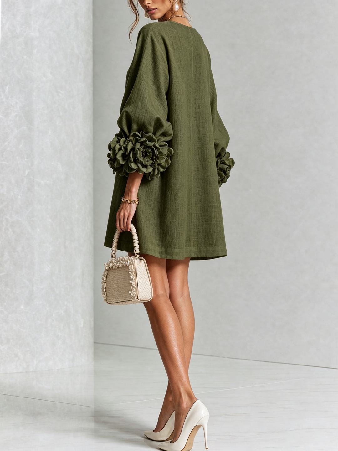 Trendy puff-sleeve dress with front button details