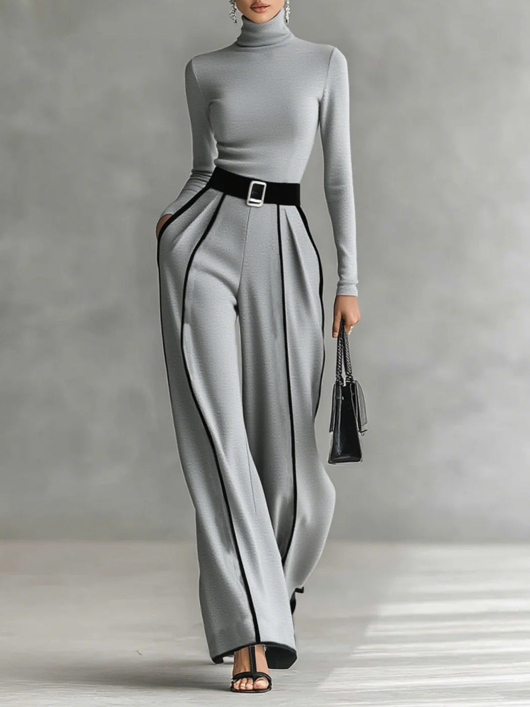 Woman wearing gray high-neck top and wide-leg pants set with a black belt