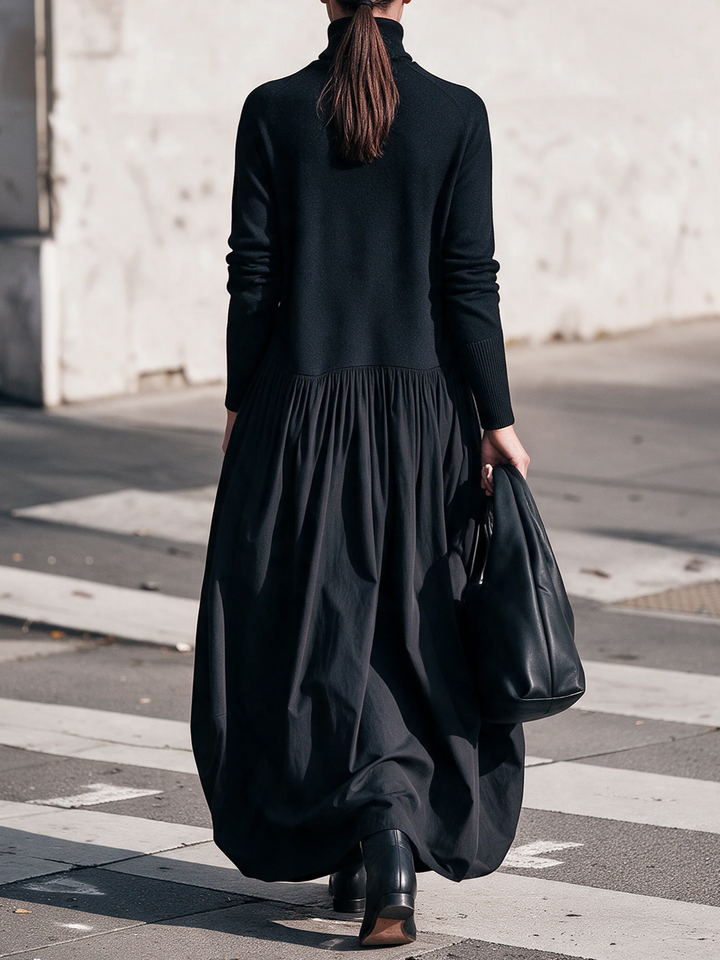 Side angle of women's high neck long sleeve winter maxi dress