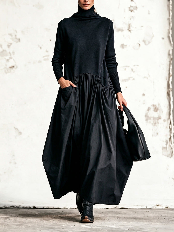 Women's high neck pocket maxi dress in solid color, front view