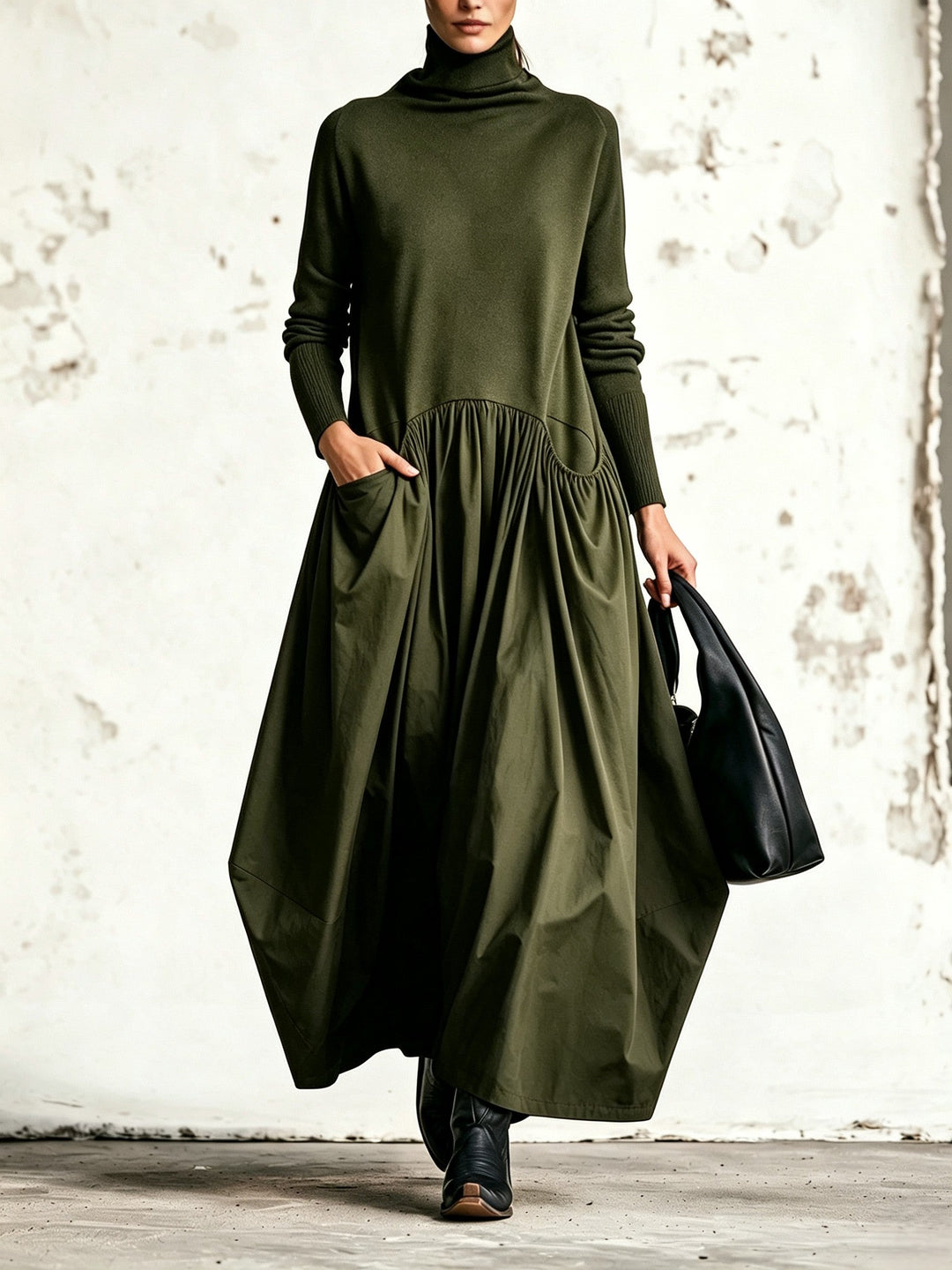 Close up of fabric texture and high neckline on women's dress