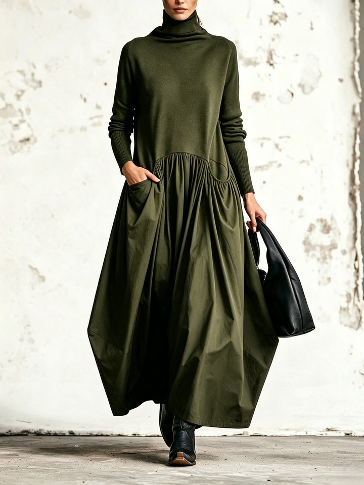 Close up of fabric texture and high neckline on women's dress
