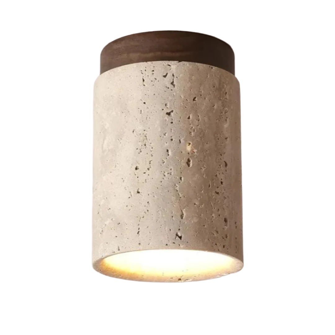 ZenLight natural travertine LED ceiling light fixture with a brown top base against a white background
