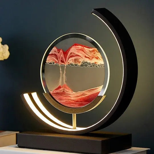Moving sand art lamp with red and white sand flowing inside a lit circular frame