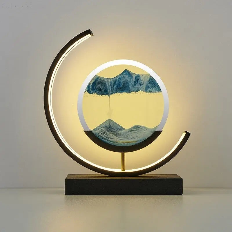 Relaxing kinetic sand art lamp illuminating a cozy home office desk